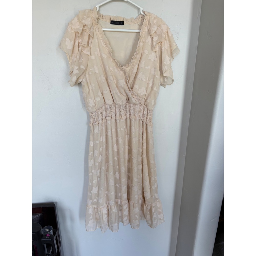 Mikarose Cream Floral Jacquard Modest Wrap Dress Smocked Waist Flutter Sleeve M